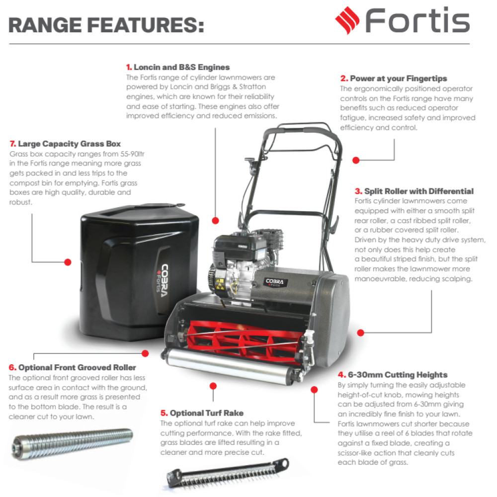 Cobra Fortis 20B 51cm / 20" Self-Propelled Petrol Cylinder Lawn Mower - FORTIS20B